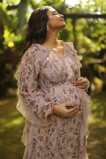 Buy_Bump Loving_Purple Viscose Georgette Hand Embroidered Floral Print Ruffle Dress  _Online_at_Aza_Fashions