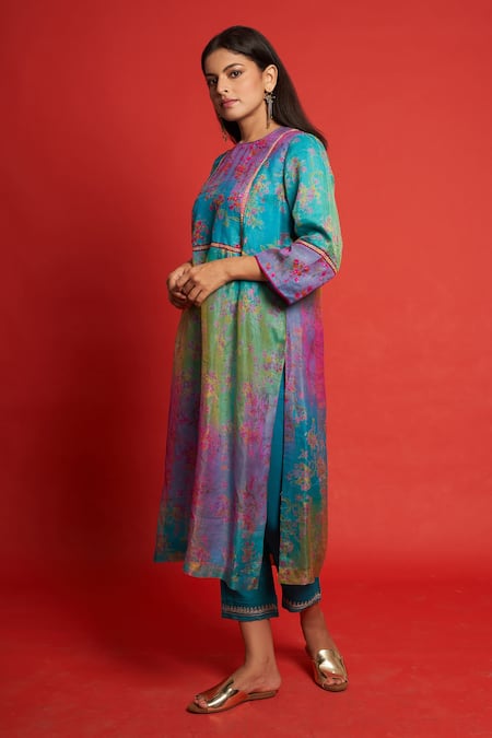 Buy Priti Prashant Blue Sheer Silk Floral Print And Sequin Round Periwinkle Kurta & Pant Set Online at Aza Fashions Buy_Priti Prashant_Blue Sheer Silk Floral Print And Sequin Round Periwinkle Kurta & Pant Set _Online_at_Aza_Fashions