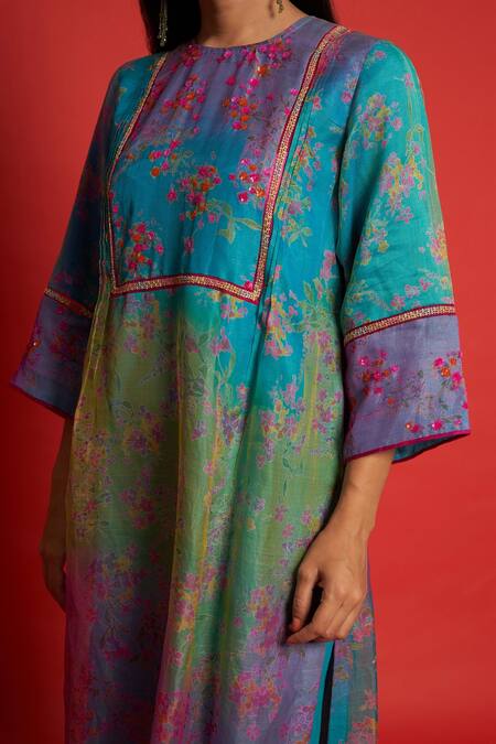 Shop Priti Prashant Blue Sheer Silk Floral Print And Sequin Round Periwinkle Kurta & Pant Set Online at Aza Fashions Shop_Priti Prashant_Blue Sheer Silk Floral Print And Sequin Round Periwinkle Kurta & Pant Set _Online_at_Aza_Fashions
