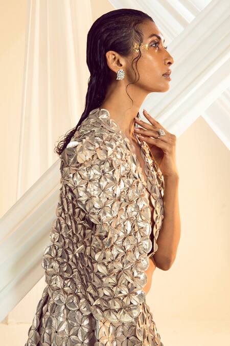 Pankaj & Nidhi_Beige Jacket Patent Leather Pants Tulle Embroidered Trail And Set_Online_at_Aza_Fashions