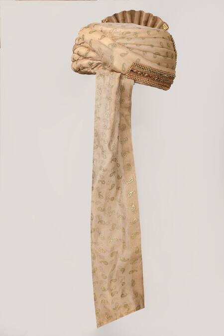 Samyukta Singhania_Beige Chanderi Print Safa_Online_at_Aza_Fashions