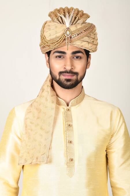 Buy_Samyukta Singhania_Beige Chanderi Print Safa_Online_at_Aza_Fashions