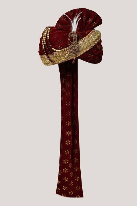 Shop_Samyukta Singhania_Maroon Chanderi Print Safa_at_Aza_Fashions