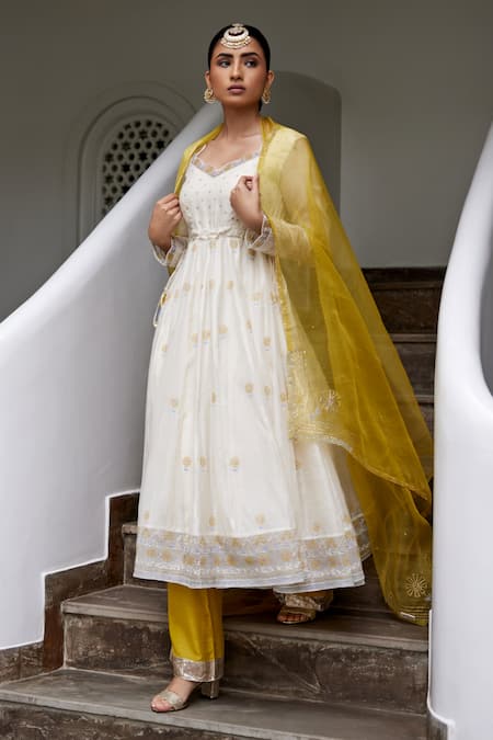 Shop_Label Nimbus_White Kurta Chanderi Palazzo Cotton Silk Embroidered Anarkali And Set_Online_at_Aza_Fashions