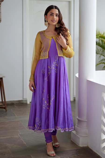 Label Nimbus Purple Anarkali Chanderi Churidar Lycra Jacket Organza Embroidery And Set 
