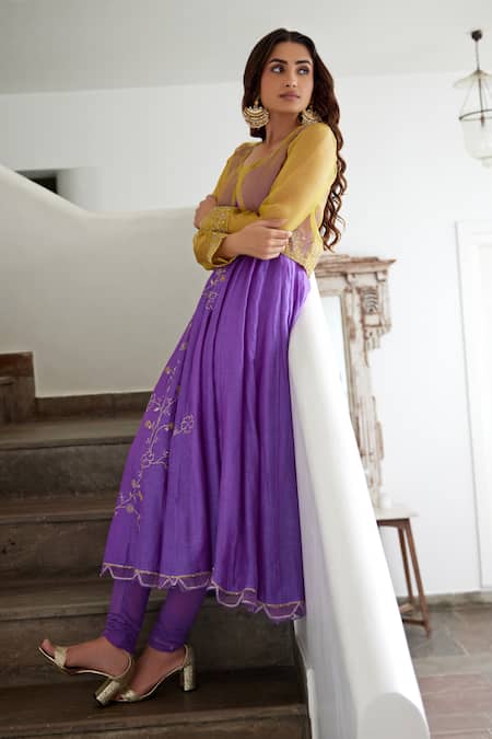 Shop Label Nimbus Purple Anarkali Chanderi Churidar Lycra Jacket Organza Embroidery And Set at Aza Fashions Shop_Label Nimbus_Purple Anarkali Chanderi Churidar Lycra Jacket Organza Embroidery And Set _at_Aza_Fashions