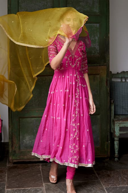 Buy Label Nimbus Pink Anarkali Chanderi Churidar Lycra Dupatta Organza Embroidery V Neck Set Online at Aza Fashions Buy_Label Nimbus_Pink Anarkali Chanderi Churidar Lycra Dupatta Organza Embroidery V Neck Set _Online_at_Aza_Fashions