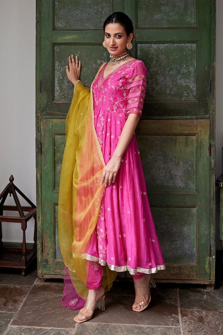 Shop Label Nimbus Pink Anarkali Chanderi Churidar Lycra Dupatta Organza Embroidery V Neck Set Online at Aza Fashions Shop_Label Nimbus_Pink Anarkali Chanderi Churidar Lycra Dupatta Organza Embroidery V Neck Set _Online_at_Aza_Fashions