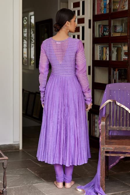 Shop Label Nimbus Purple Anarkali Chanderi Jacket Chanderi Churidar Net Dupatta And Set at Aza Fashions Shop_Label Nimbus_Purple Anarkali Chanderi Jacket Chanderi Churidar Net Dupatta And Set _at_Aza_Fashions