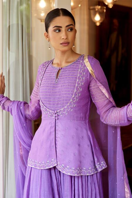 Shop Label Nimbus Purple Anarkali Chanderi Jacket Chanderi Churidar Net Dupatta And Set Online at Aza Fashions Shop_Label Nimbus_Purple Anarkali Chanderi Jacket Chanderi Churidar Net Dupatta And Set _Online_at_Aza_Fashions