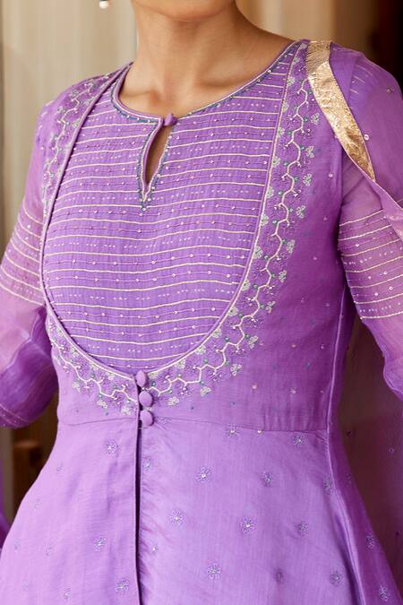 Label Nimbus Purple Anarkali Chanderi Jacket Chanderi Churidar Net Dupatta And Set at Aza Fashions Label Nimbus_Purple Anarkali Chanderi Jacket Chanderi Churidar Net Dupatta And Set _at_Aza_Fashions