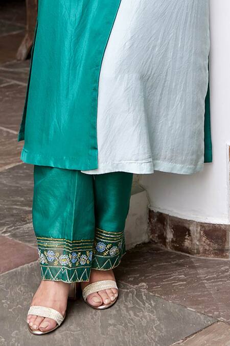 Label Nimbus Blue Kaftan Pure Silk Pants Organza Embroidery V Neck With Belt And at Aza Fashions Label Nimbus_Blue Kaftan Pure Silk Pants Organza Embroidery V Neck With Belt And _at_Aza_Fashions