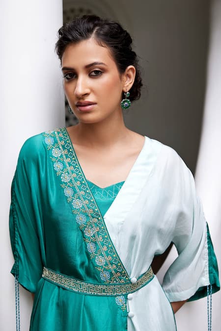 Shop Label Nimbus Blue Kaftan Pure Silk Pants Organza Embroidery V Neck With Belt And at Aza Fashions Shop_Label Nimbus_Blue Kaftan Pure Silk Pants Organza Embroidery V Neck With Belt And _at_Aza_Fashions