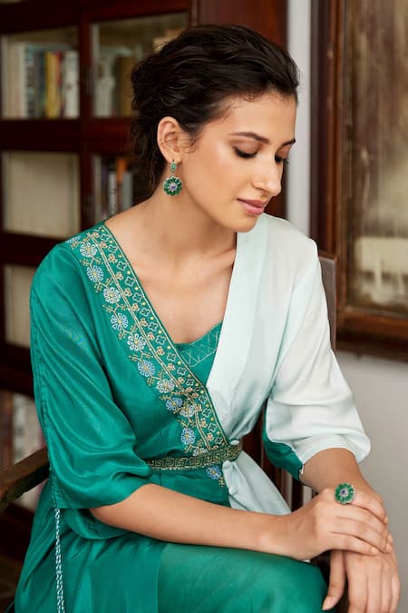 Buy Label Nimbus Blue Kaftan Pure Silk Pants Organza Embroidery V Neck With Belt And Online at Aza Fashions Buy_Label Nimbus_Blue Kaftan Pure Silk Pants Organza Embroidery V Neck With Belt And _Online_at_Aza_Fashions