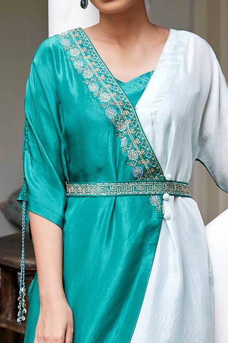 Shop Label Nimbus Blue Kaftan Pure Silk Pants Organza Embroidery V Neck With Belt And Online at Aza Fashions Shop_Label Nimbus_Blue Kaftan Pure Silk Pants Organza Embroidery V Neck With Belt And _Online_at_Aza_Fashions