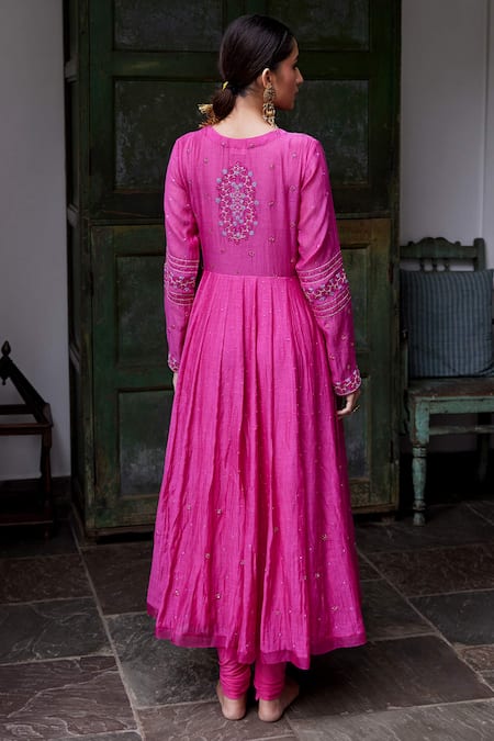 Shop Label Nimbus Pink Angarkha Chanderi Churidar Lycra Dupatta Chiffon Embroidery V Neck Set at Aza Fashions Shop_Label Nimbus_Pink Angarkha Chanderi Churidar Lycra Dupatta Chiffon Embroidery V Neck Set _at_Aza_Fashions
