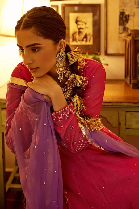 Buy Label Nimbus Pink Angarkha Chanderi Churidar Lycra Dupatta Chiffon Embroidery V Neck Set Online at Aza Fashions Buy_Label Nimbus_Pink Angarkha Chanderi Churidar Lycra Dupatta Chiffon Embroidery V Neck Set _Online_at_Aza_Fashions