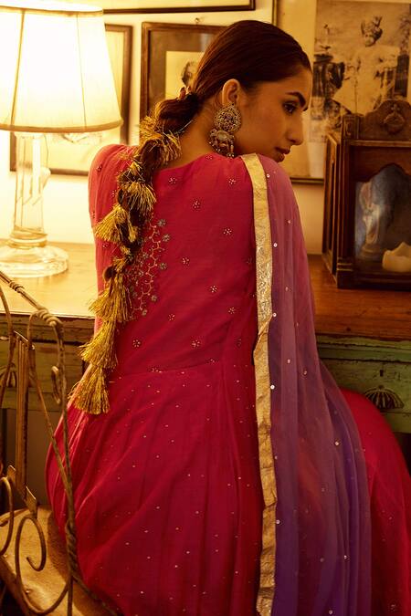 Shop Label Nimbus Pink Angarkha Chanderi Churidar Lycra Dupatta Chiffon Embroidery V Neck Set Online at Aza Fashions Shop_Label Nimbus_Pink Angarkha Chanderi Churidar Lycra Dupatta Chiffon Embroidery V Neck Set _Online_at_Aza_Fashions