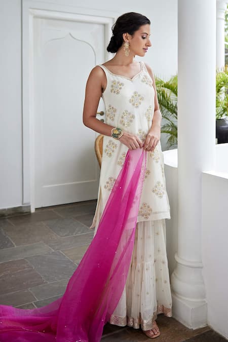 Shop Label Nimbus White Chanderi Dupatta Organza V Neck Embroidered Kurta And Sharara Set at Aza Fashions Shop_Label Nimbus_White Chanderi Dupatta Organza V Neck Embroidered Kurta And Sharara Set_at_Aza_Fashions