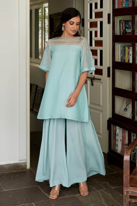 Label Nimbus Blue Kurta Chanderi Palazzos Crepe Embroidery Boat Straight And 