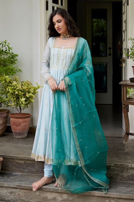 Label Nimbus Blue Embroidery Square Neck Anarkali Set 