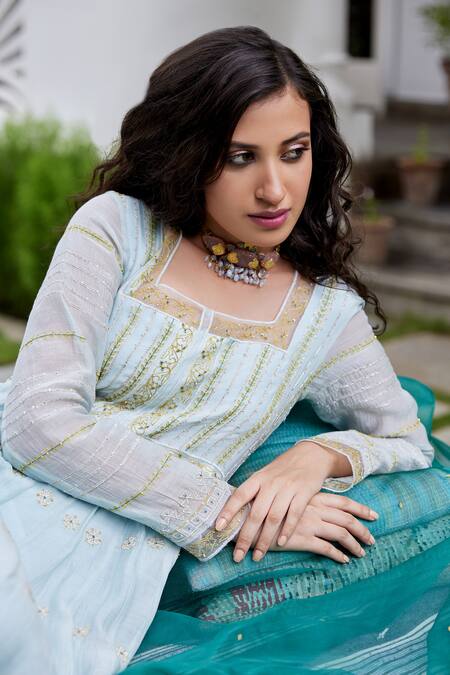 Label Nimbus Blue Embroidery Square Neck Anarkali Set Online at Aza Fashions Label Nimbus_Blue Embroidery Square Neck Anarkali Set _Online_at_Aza_Fashions