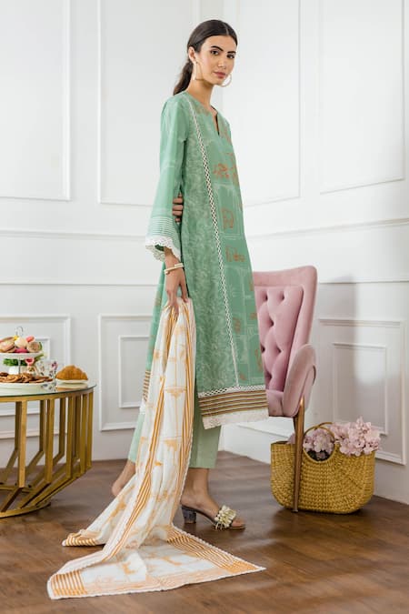 Sage Saga_Green Dobby , Jacquard , Lawn Notched Round Printed Kurta Set_Online_at_Aza_Fashions