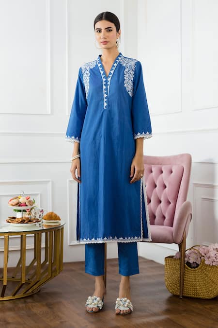 Sage Saga Blue Lawn Cotton V Neck Embroidered Kurta And Pant Set 