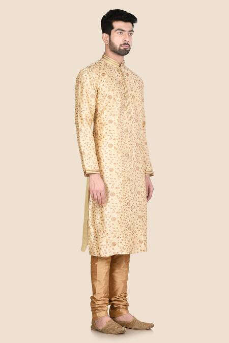 Aryavir Malhotra_Beige Kurta  Churidar Silk Embroidered Set_Online_at_Aza_Fashions