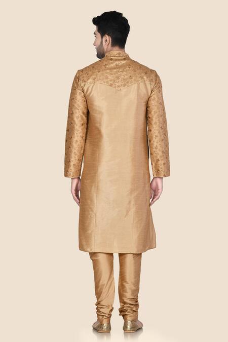 Shop Aryavir Malhotra Gold Kurta Churidar Silk Embroidered Set at Aza Fashions Shop_Aryavir Malhotra_Gold Kurta Churidar Silk Embroidered Set_at_Aza_Fashions