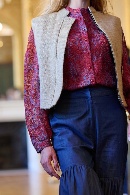 Buy_Dash And Dot_Multi Color 100% Silko Overrun Thread Work Collared Neck Shirt _Online_at_Aza_Fashions