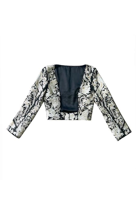 Dash And Dot Black 20% Viscose, 3% Elastane, 77% Polyester Floral Open Embroidered Jacket Online at Aza Fashions Dash And Dot_Black 20% Viscose, 3% Elastane, 77% Polyester Floral Open Embroidered Jacket _Online_at_Aza_Fashions