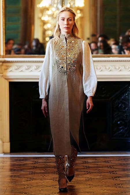 Shop_Dash and Dot_Beige Shell 100% Jute Applique Embroidered Mirror Work Mandarin Collar Jacket _at_Aza_Fashions