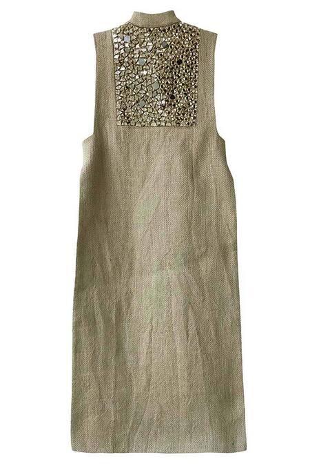 Dash and Dot_Beige Shell 100% Jute Applique Embroidered Mirror Work Mandarin Collar Jacket _Online_at_Aza_Fashions