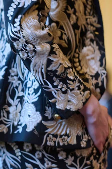 Dash And Dot_Black 20% Viscose, 3% Elastane, 77% Polyester Mirror Work Gara Stitch Blazer _at_Aza_Fashions