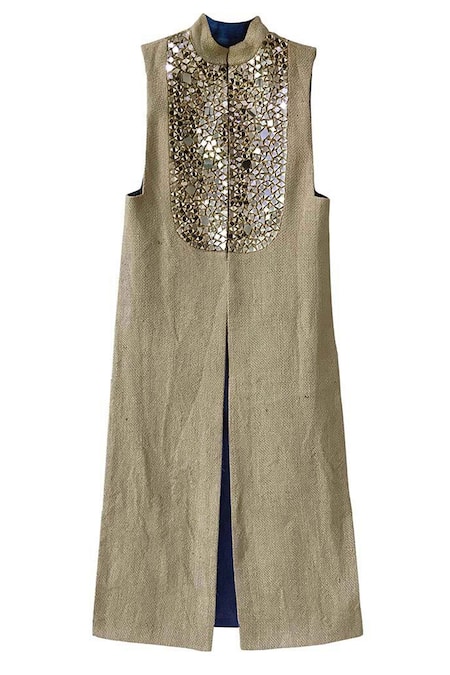 Buy_Dash and Dot_Beige Shell 100% Jute Applique Embroidered Mirror Work Mandarin Collar Jacket _Online_at_Aza_Fashions