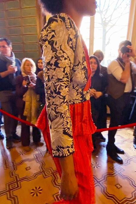 Dash And Dot Black 20% Viscose, 3% Elastane, 77% Polyester Floral Open Embroidered Jacket at Aza Fashions Dash And Dot_Black 20% Viscose, 3% Elastane, 77% Polyester Floral Open Embroidered Jacket _at_Aza_Fashions