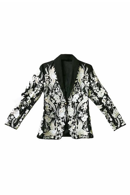 Dash And Dot_Black 20% Viscose, 3% Elastane, 77% Polyester Mirror Work Gara Stitch Blazer _Online_at_Aza_Fashions