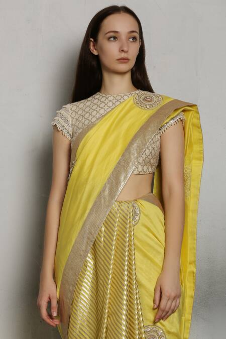 Shop_Pooja Shroff_Green Chanderi Embroidered Saree_Online_at_Aza_Fashions