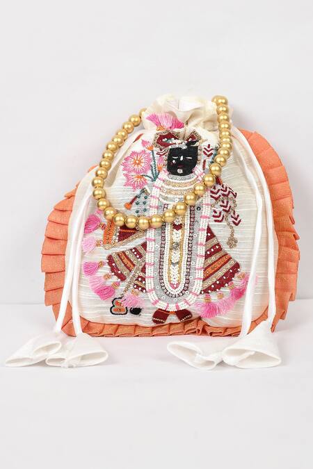 Buy_Nayaab By Aleezeh_White Embroidery Temple Motif Potli Bag_Online_at_Aza_Fashions