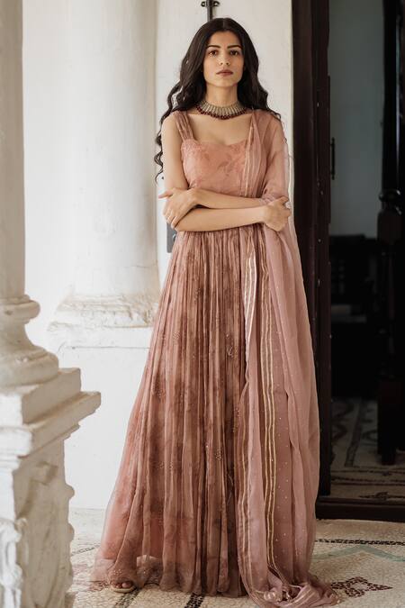 Shop Paulmi And Harsh Pink Printed Anarkali With Dupatta at Aza Fashions Shop_Paulmi And Harsh_Pink Printed Anarkali With Dupatta_at_Aza_Fashions