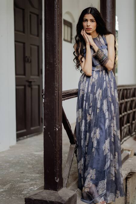 Shop_Paulmi And Harsh_Grey Chiffon Printed Maxi Dress With Full Sleeves_at_Aza_Fashions