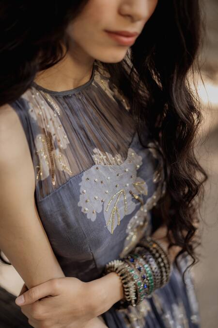 Paulmi And Harsh_Grey Chiffon Printed Maxi Dress With Full Sleeves_Online_at_Aza_Fashions