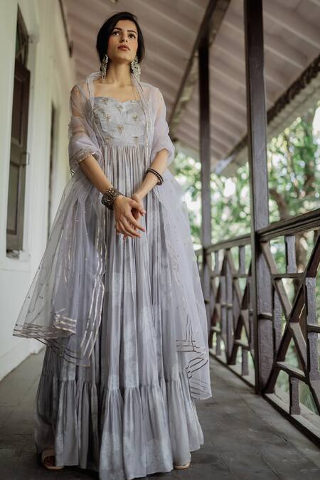 Paulmi And Harsh_Grey Cotton Silk Printed Anarkali With Dupatta_Online_at_Aza_Fashions