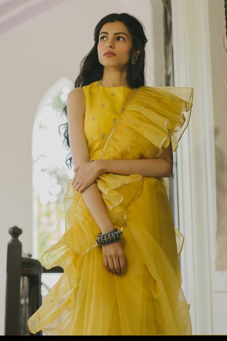Buy_Paulmi And Harsh_Yellow Organza Saree With Embellished Blouse_Online_at_Aza_Fashions