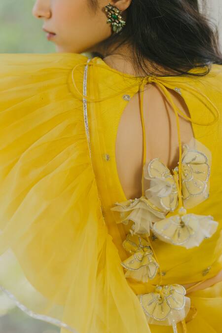 Shop_Paulmi And Harsh_Yellow Organza Saree With Embellished Blouse_Online_at_Aza_Fashions
