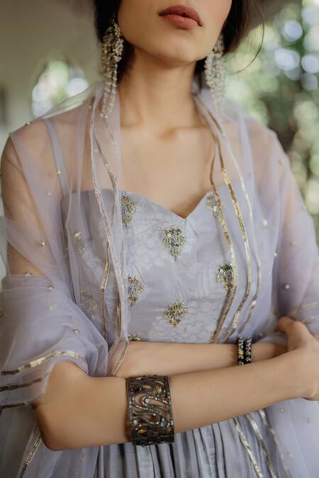 Shop_Paulmi And Harsh_Grey Cotton Silk Printed Anarkali With Dupatta_at_Aza_Fashions