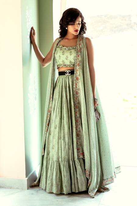 Paulmi And Harsh Green Viscose Cotton Silk Floral Print Jacket Lehenga Set