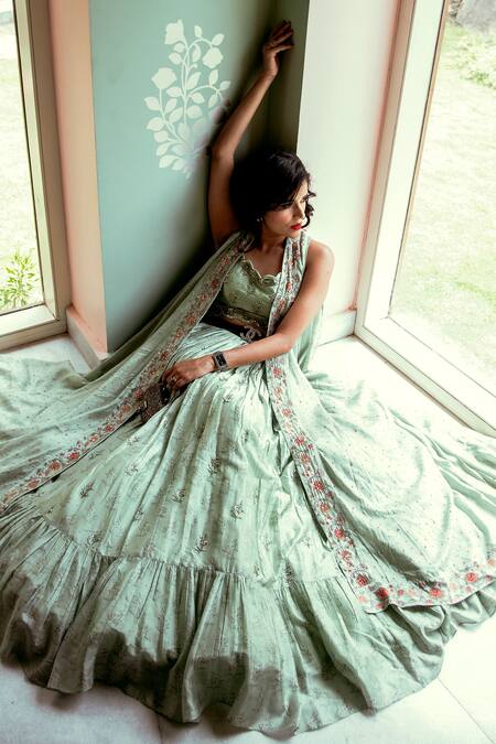 Paulmi And Harsh_Green Viscose Cotton Silk Floral Print Jacket Lehenga Set_Online_at_Aza_Fashions