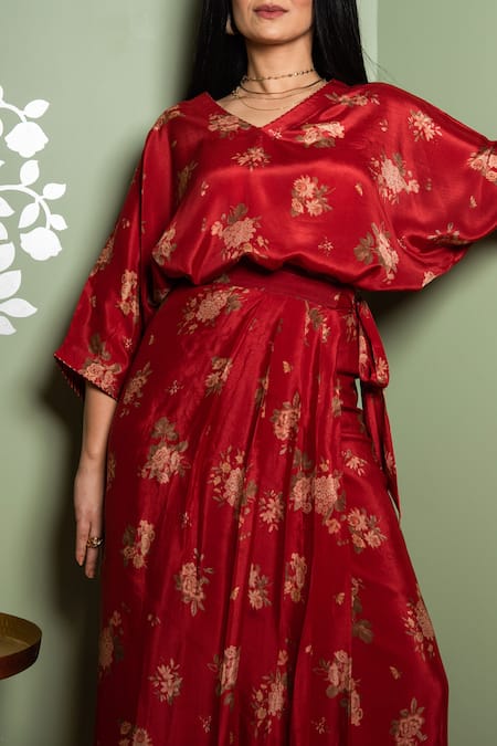 Paulmi And Harsh_Maroon Viscose Crepe Floral Print Skirt Set_Online_at_Aza_Fashions